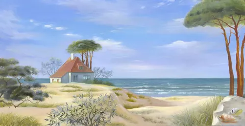 море, берег, песок, океан, вода, волны, трава, ракушки, дом, домик, деревья, небо, облака, горизонт, камень, кусты, пляж, сосна, сосны, природа