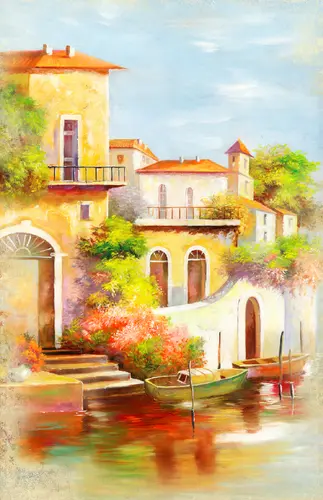 Венеция, город, канал, река, вода, лодка, дом, окно, камень, лестница, цветы, деревья, живопись, небо, облака, на дверь, узкие, вертикальные
