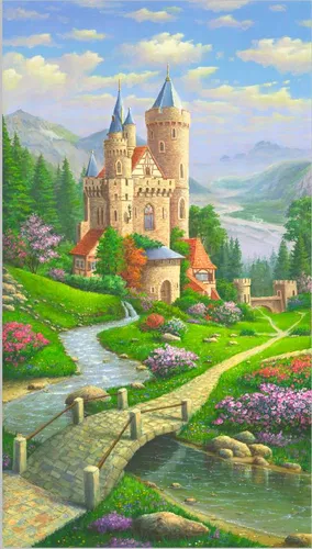 замок, дворец, здание, река, мост, трава, цветы, камни, лес, деревья, горы, холм, небо, облака, расширяющие пространство, на дверь, узкие, вертикальные