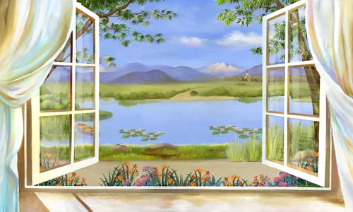 окно, вид из окна, цветы, оранжевые, розовые, деревья, вода, пруд, водоем, лодка, небо, горы