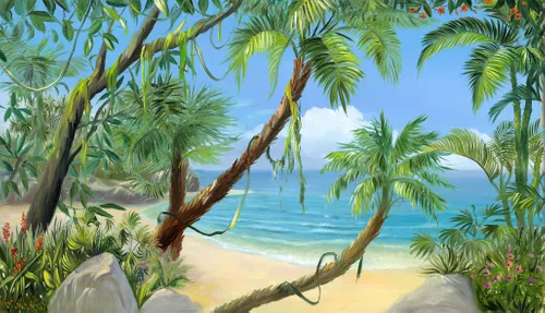 море, берег, песок, океан, вода, волны, трава, цветы, пальмы, пальма, лиана, деревья, небо, облака, горизонт, камни, пляж, тропики, тропическая флора, тропические, экзотические растения, экзотика