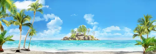 пальмы, деревья, море, пляж, остров, волны, песок, горизонт, небо, облака, голубые, зеленые