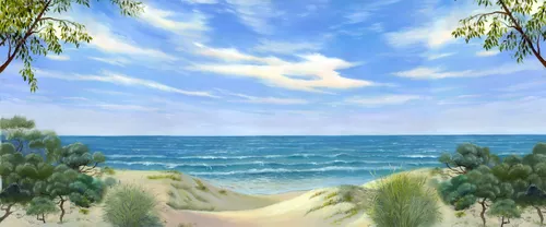 море, берег, песок, океан, вода, волны, трава, деревья, небо, облака, горизонт, кусты, пляж