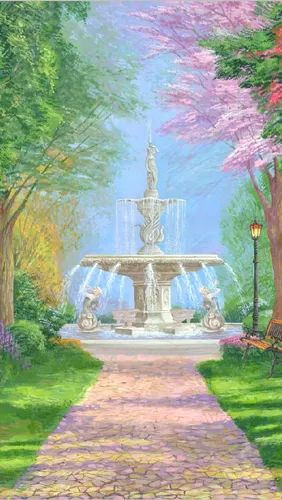 фонтан,  тропа, трава, деревья, розовые, зеленые, желтые, красные, скамья, фонарь, небо, голубые, природа, на дверь, узкие, вертикальные