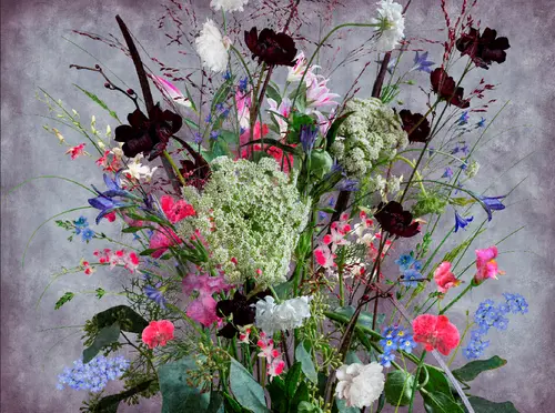 цветы, букет, лилии, васильки, орхидея, листья, эустома, аспарагус, спаржа, гипсофила махровая, колокольчик, голубой колокольчик