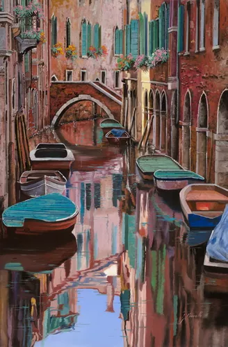 лодки, вода, река, дома, город, здания, окна, бордовые, синие, зеленые, цветы, ставни, розовые, красные, венеция