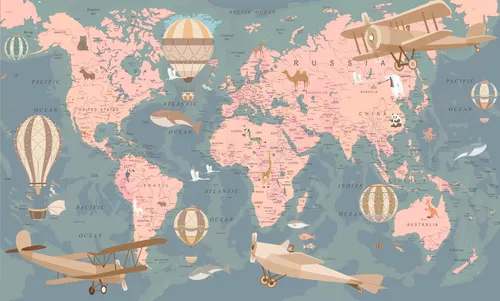 карта, география, мир, континенты, страны, коричневые, самолеты, воздушные шары, животные, детское, голубые, для подростка, карта мира для детей, для мальчика, детские, мальчику, в детскую комнату, для подростков, для девочки, карта мира