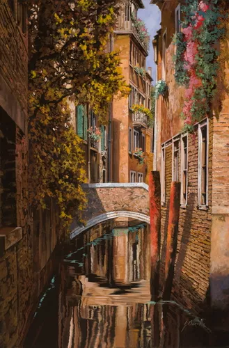 улица, улочка, река, вода, здания, дома, венеция, окна, мостики, мосты, деревья, кирпич, коричневые, розовые, цветы,  улицы 