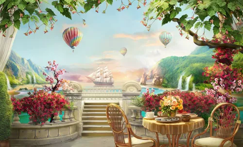 воздушные шары, корабль, водоем, горы, растения, зеленые, водопады, лестница, стол, стулья, цветы, красные, розовые, бежевые, деревья