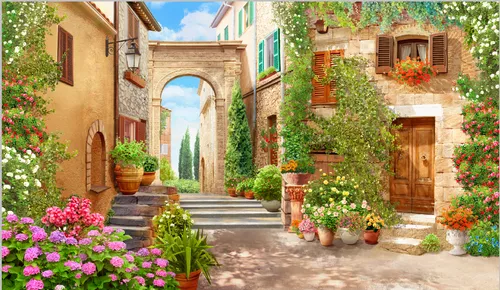 город, дома, улица, цветы, разноцветные, пионы, арка, лестница, окна, двери, растения, небо, облака