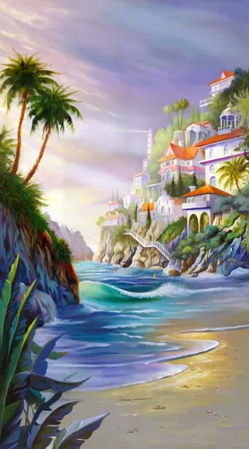 берег, пляж, пальмы, волны, город, небо, облака, дома, здания, расширяющие пространство, на дверь, узкие, вертикальные