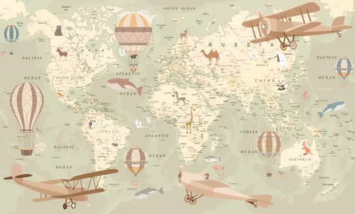 карта, география, мир, континенты, страны, коричневые, самолеты, воздушные шары, для подростка, животные, детское, зеленые, карта мира для детей, для мальчика, детские, мальчику, в детскую комнату, для подростков, для девочки, карта мира