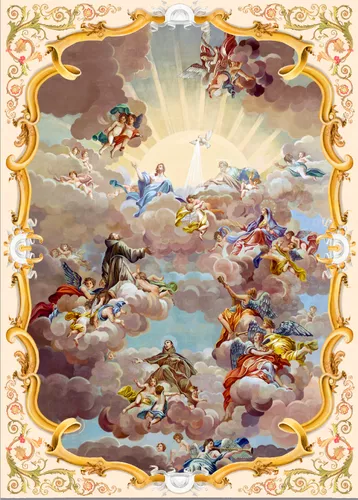 икона, небо, небеса, ангелы, святые, иконопись, рамка, завитки, облака, золотые, белые, люди, солнце