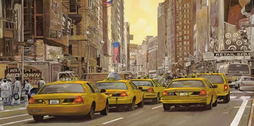 машины, дорога, город, здания, дома, улица, ретро, желтые, бежевые, белые, коричневые, высотки, нью-йорк, америка, окна, люди, прохожие, желтая машина