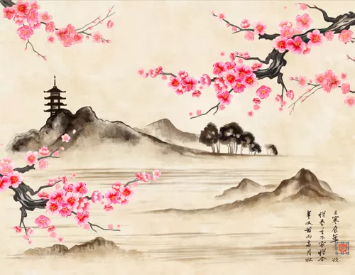 восток, иероглифы, китайские, китай, сакура, розовые, деревья, гора