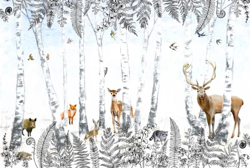 лес, белый, дерево, береза, снег, животные, олень, ежик, лиса, енот, зайцы, заяц, птицы, ласточки, снегири, листья 