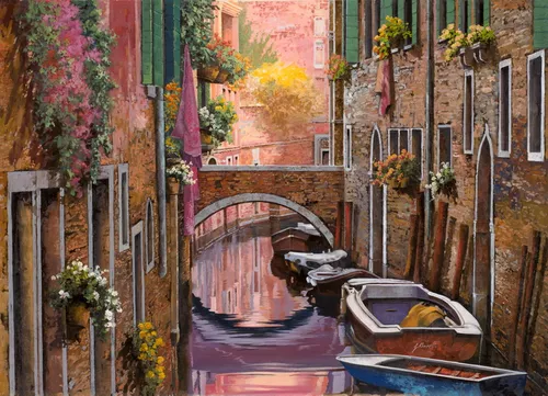 лодки, вода, река, здания, зеленые, розовые, цветы, дома, окна, улица, улочка, венеция, кирпич, мостики, мосты,  улицы 