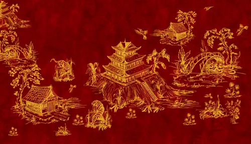 восток, восточные мотивы, китайские мотивы, китай, дома, здания, мост, лестница, гора, растения, тигры, животные, птицы, утки, ручей, набросок, желтые, красные