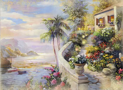 лестница, дом, камень, веранда, цветы, море, океан, яхта, природа, растения, пальма, парус, деревья, кусты, небо, облака, горы