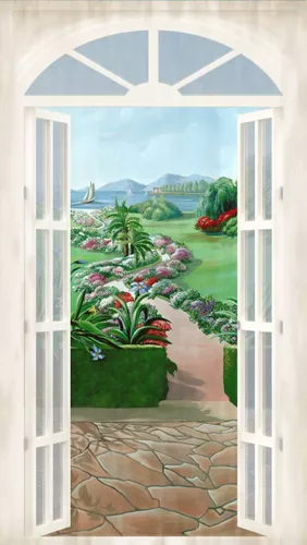 вид из окна, дверь, тропинка, сад, море, вода, лодка, деревья, зеленые, каменная плитка, расширяющие пространство, на дверь, узкие, вертикальные