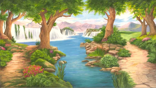 водопады, деревья, тропинки, река, камни, дороги, холмы, горы, небо, облака, цветы, розовые, зеленые, песочные цвета, голубые