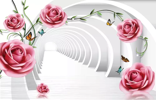 цветы, розы, розовые, белые, туннель, перспектива, бабочки, 3д, 3d, стереоскопические