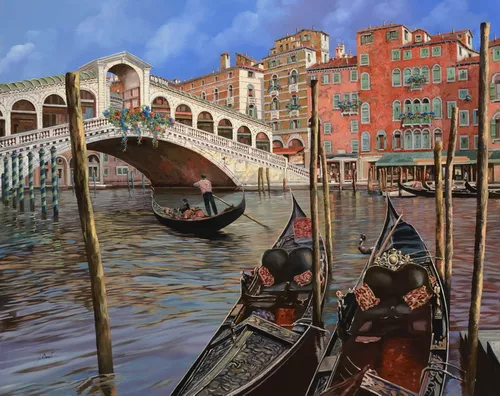 лодки, река, венеция, люди, мосты, город, здания, цветы, окна, небо, вода, красные, белые, синие
