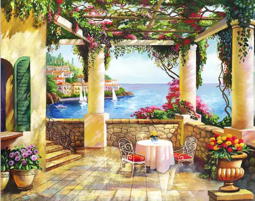веранда, столик, стулья, море, океан, природа, растения, горы, облака, небо, цветы, виноградная лоза, виноград, камень, лестница, яхта, парус, город