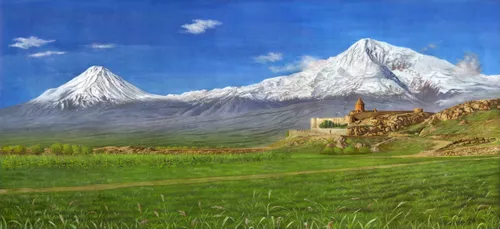 Арарат, горы, небо, поле, трава, деревья, кусты, тропинка, крепость, башня, здание, природа