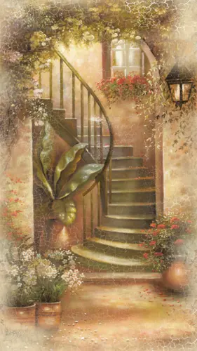 арка, лестница, цветы, камень, уличный фонарь, трещины, листья, растения, улица, на дверь, узкие, вертикальные