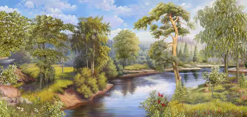 природа, деревья, пейзаж, лес, растения, трава, кусты, цветы, река, вода, берег, камни, небо, облака, отражение