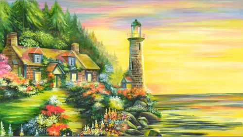 маяк, вода, водоем, море, океан, дом, здание, цветы, лес, камни, закат, желтые, оранжевые, красные, розовые, зеленые