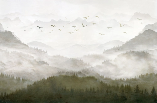 горы, лес, туман, птицы, ели, деревья, живопись
