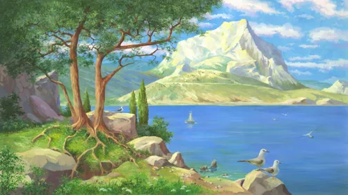 дерево, вода, водоем, озеро, море, чайки, парусник, горы, скалы, зеленые, небо, облака, природа