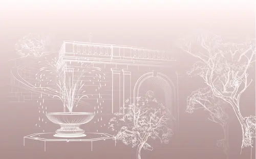 фонтан, архитектура, дерево, дом, линии, минимализм 