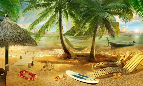отдых, пляж, пальмы, гамак, лежаки, тапки, кокосы, коктейль, песок, замок из песка, морская звезда, море, берег, волны, вода, лодка, пирс, доска, серфинг, цветы, красные, розовые, небо, облака, закат