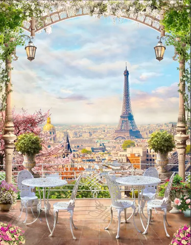 париж, город, эйфелева башня, франция, ресторан, кафе, стол, стул, балкон, колонны, фонари, небо, облака, лучи солнца