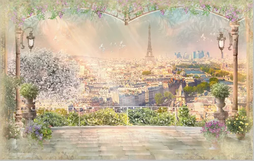 париж, франция, город, эйфелева башня, балкон, изгородь, колонны, арка, солнечные лучи, цветы, желтые, розовые, белые