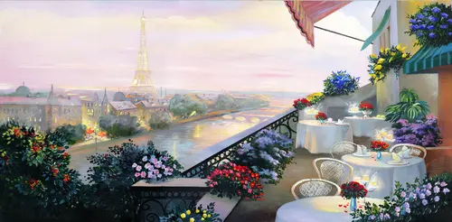 Париж, Эйфелева башня, город, архитектура, веранда, уличное кафе, кафе, столики, стулья, кусты, деревья, живопись, река, мост, Сена 