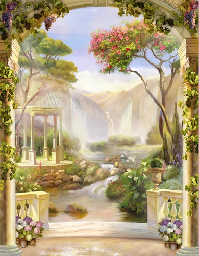 арка, колонны, скалы, белые лебеди, вода, водоем, камни, цветы, деревья, балкон, небо, облака