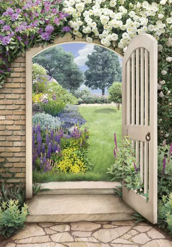 дверь, изгородь, двор, кусты, цветы, кирпичная стена, каменный пол, фиолетовые, белые, желтые, зеленые, на дверь, узкие, вертикальные
