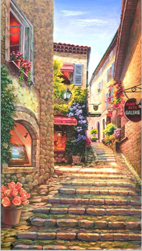 улица, лестница, кафе, кирпичная стена, каменный дом, цветы, розы в вазах, небо, облака, голубые, зеленые, желтые, расширяющие пространство, на дверь, узкие, вертикальные