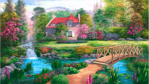 мост, водопад, река, голубые, камень, здание, дом, цветение, цветы, розовые, синие