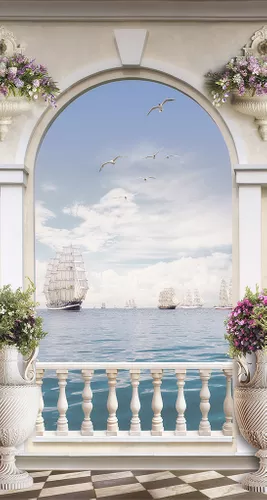 арка, изгородь, парусники, корабли, цветы, фиолетовые, розовые, шахматный пол, на дверь, узкие, вертикальные
