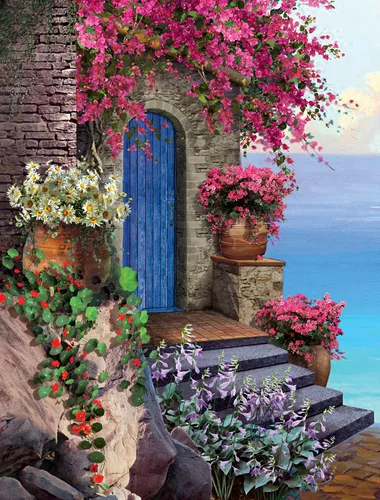 здание, дверь синяя, замок, цветы, белые, фиолетовые, камни, лестница