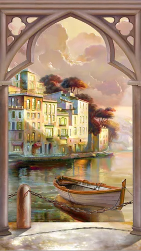 вид из арки, город на воде, вода, венеция, лодки, дом, здание, деревья, горы, облака, природа, на дверь, узкие, вертикальные