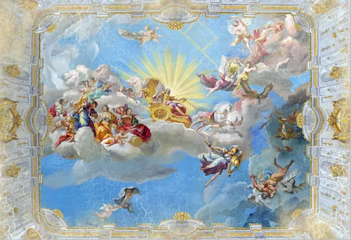 икона, архангелы, ангелы, небо, небеса, облака, стены, картина, трещины, колесница, голубые, золотые, белые