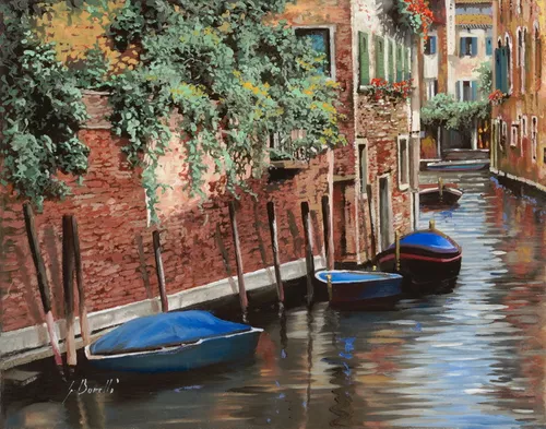 лодки, река, улица, улочки, дома, здания, окна, деревья, венеция, вода, коричневые, зеленые, синие