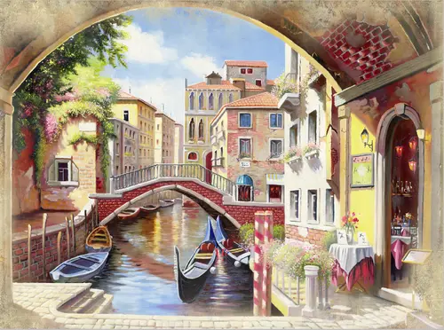 город, дом, Венеция, канал, вода, река, мост, архитектура, живопись, веранда, цветы, растения, лодки, гондола, кафе, кирпич, камень, кирпичная стена, каменная стена, узор, растительный узор, небо 