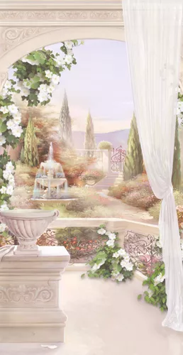 арка, балкон, терраса, ваза, цветы, деревья, фонтан, растения, кусты, забор, калитка